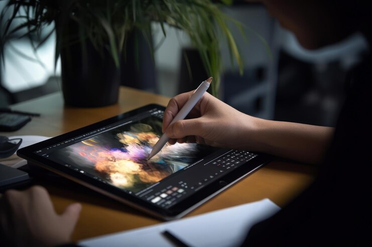 Primer plano de un diseñador gráfico dibujando a mano en una tableta digital AI generativa