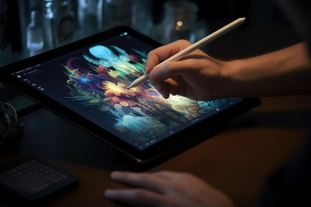 Primer plano de un diseñador gráfico dibujando a mano en una tableta digital AI generativa