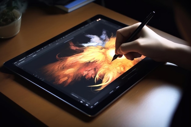 Primer plano de un diseñador gráfico dibujando a mano en una tableta digital AI generativa