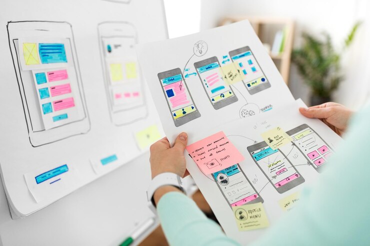 Foto primer plano del diseñador de ui con plantillas en la oficina