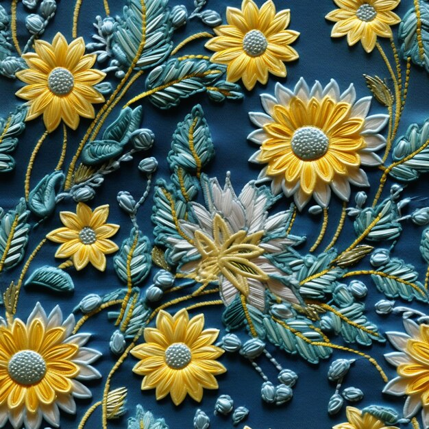 un primer plano de un diseño floral azul y amarillo en un fondo azul generativo ai