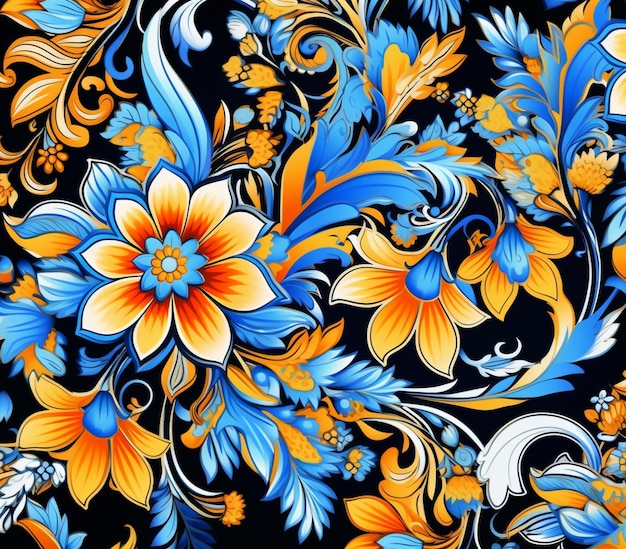 un primer plano de un diseño floral azul y naranja sobre un fondo negro ai generativo