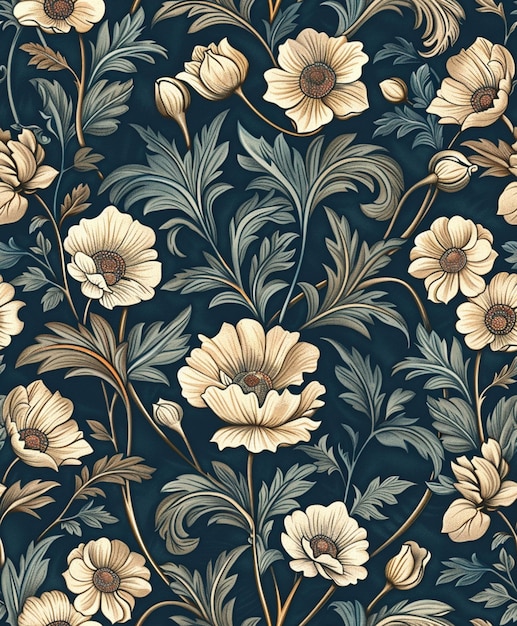 un primer plano de un diseño floral en un fondo azul generativo ai