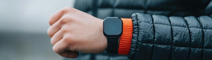 Un primer plano de un dispositivo tecnológico de salud portátil en la muñeca de una persona que muestra su elegante diseño y funcionalidad. El individuo lleva una chaqueta negra con manga naranja que hace hincapié en el estilo de vida moderno.