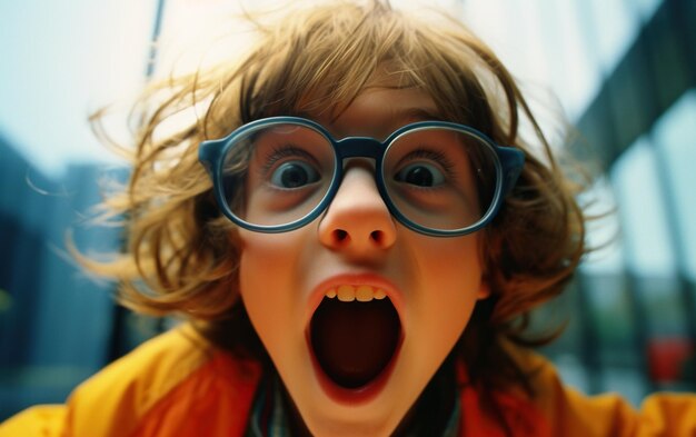 Foto en primer plano divertido niño con gafas