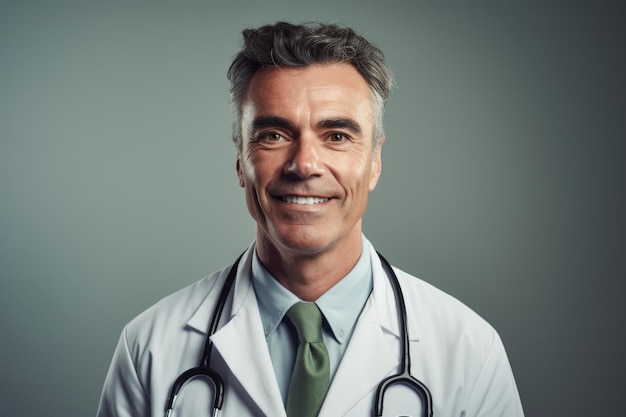 Foto primer plano de un doctor caucásico sonriente de más de cincuenta años de pie