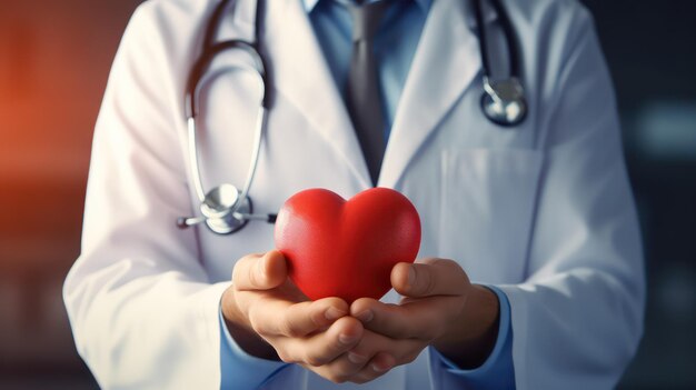 Primer plano de una doctora sosteniendo un corazón rojo en las manos Concepto de cardiología