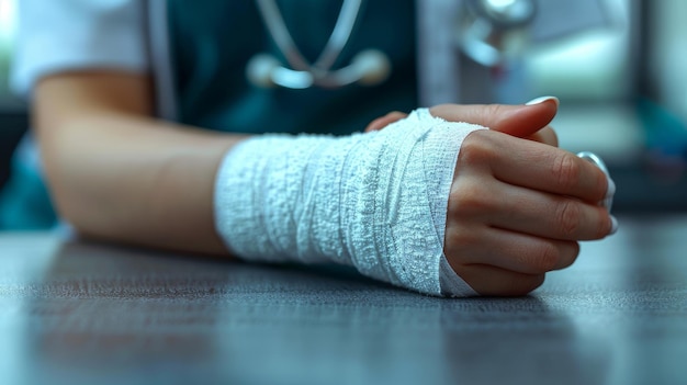 En primer plano de una doctora vendando la mano de un paciente con un estetoscopio