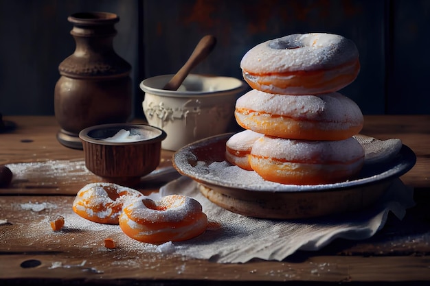 Primer plano de donas espolvoreadas con azúcar en polvo servidas en una mesa de madera rústica Ai generativo