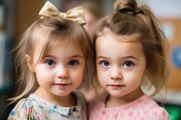 Primer plano de dos adorables niñas de pie juntas en un salón de clases creado con ai generativo