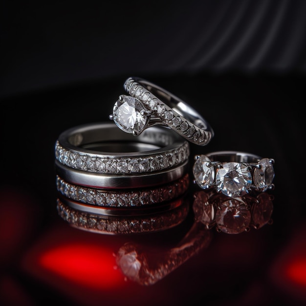 Un primer plano de dos anillos de boda con un diamante en una superficie brillante generativa ai