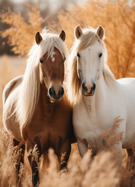 Primer plano de dos caballos en una hierba seca de otoño