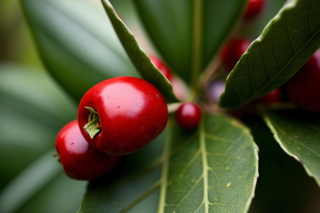 Un primer plano de dos cerezas en una hoja