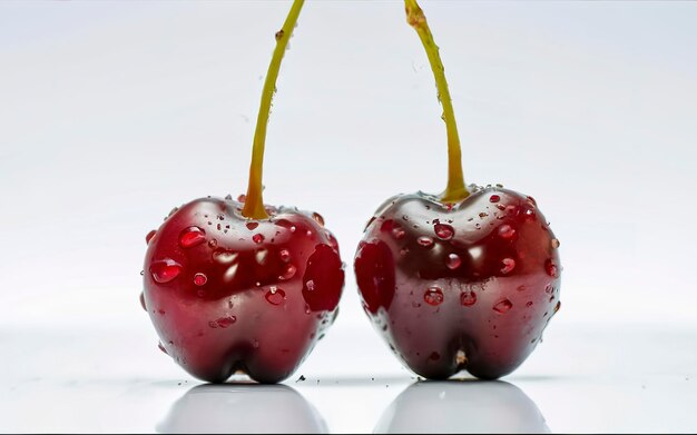 Primer plano de dos cerezas rojas y brillantes maduras con tallos conectados con reflejo