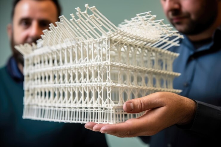 Primer plano de dos constructores sosteniendo una estructura impresa con anuncios