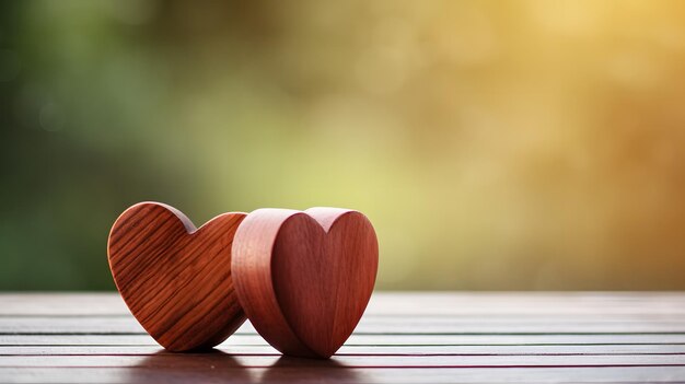 Foto primer plano de dos corazones de madera en un espacio de copia de mesa vacío