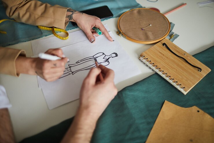 Foto primer plano de dos diseñadores de moda dibujo boceto de vestido nuevo con lápices juntos