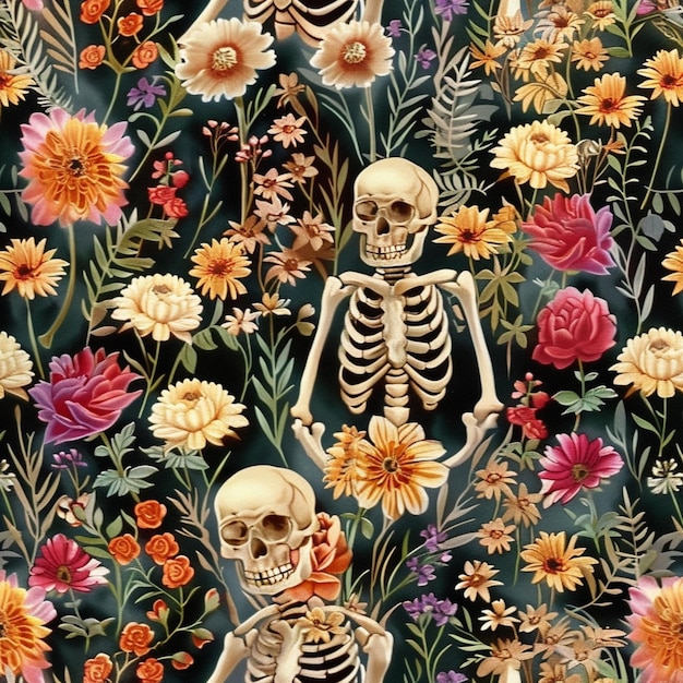 un primer plano de dos esqueletos en un campo de flores generativo ai