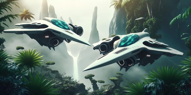 Primer plano de dos frágiles aviones de ciencia ficción blancos futuristas a toda velocidad volando sobre una densa jungla alienígena brumosa AIGenerated