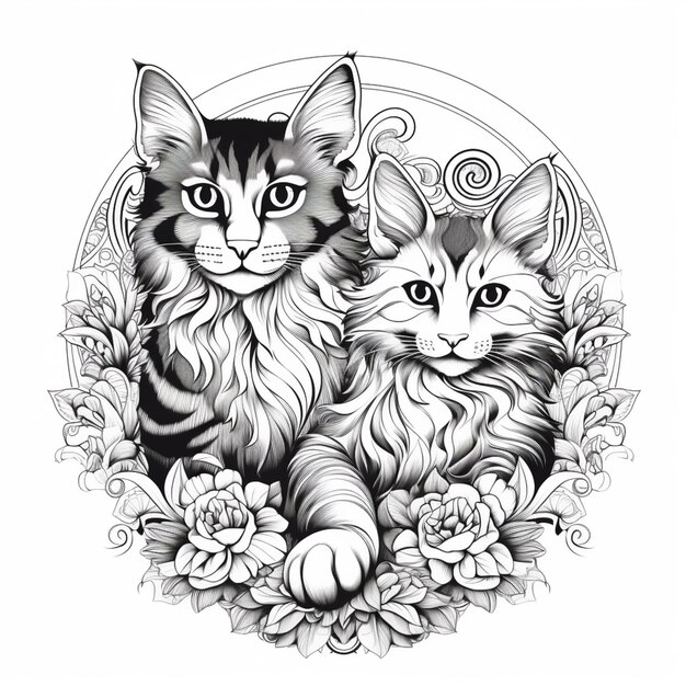un primer plano de dos gatos sentados en un círculo con flores generativas ai