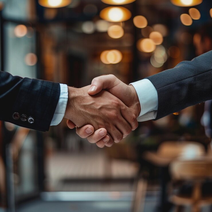 Un primer plano de dos hombres de negocios estrechando la mano en el fondo de una empresa Copyspace