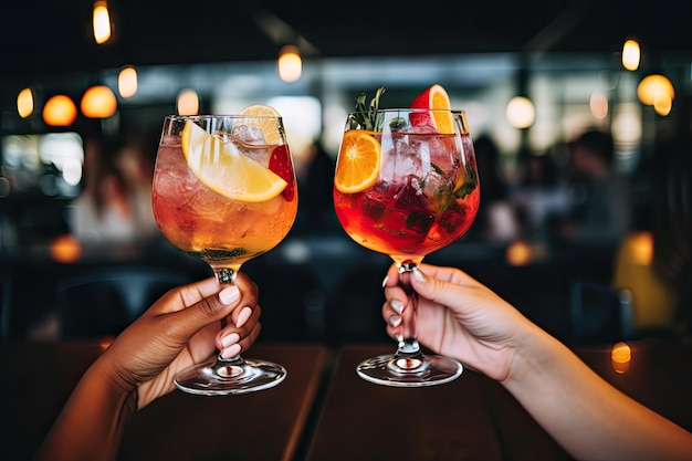 Primer plano de dos manos femeninas sosteniendo copas de cócteles en el bar Imagen recortada de amigas brindando copas con cócteles en la barra del bar Generada por IA