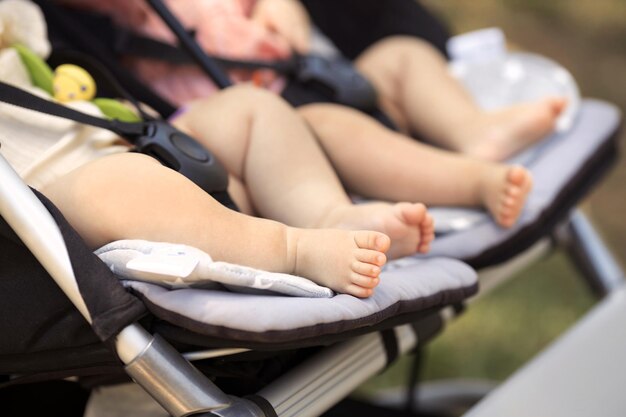 Primer plano de dos niñas gemelas de 6 meses caminando en un cochecito doble en el parque de la ciudad