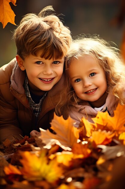 Foto primer plano dos niños jugando con hojas de otoño