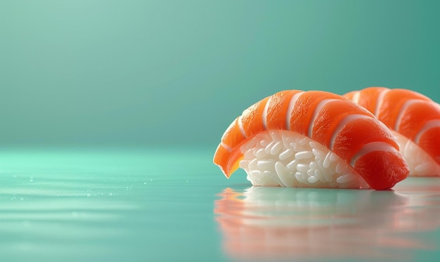 Foto un primer plano de dos piezas de sushi con una franja roja