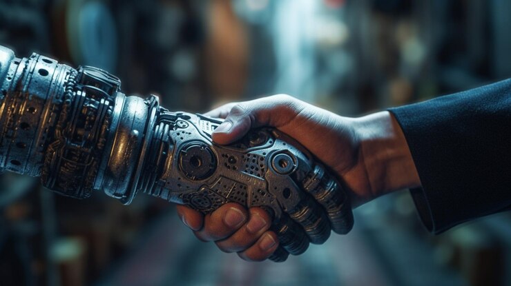 Primer plano de dos robots masculinos dándose la mano en una fábrica industrial generativa ai