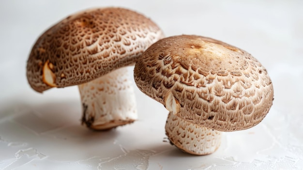 Primer plano de dos setas shiitake crudas frescas en el suelo blanco