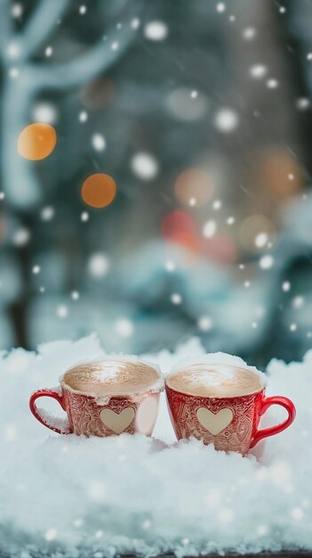 Primer plano de dos tazas de café en la nieve cerca de la ciudad borroso vacaciones momentos felices en casa