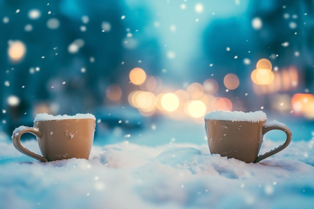 Primer plano de dos tazas de café en la nieve cerca de la ciudad borroso vacaciones momentos felices en casa