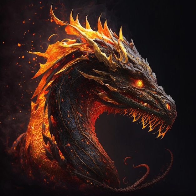 Un primer plano de un dragón con fuego en la cabeza ai generativo