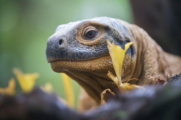 Primer plano del dragón de Komodo bajo el follaje tropical