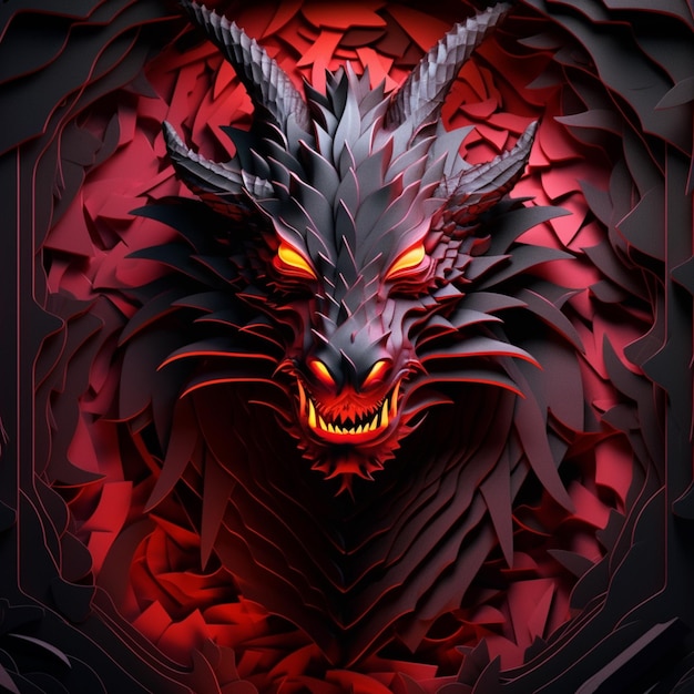 un primer plano de un dragón rojo y negro con un fondo rojo ai generativo