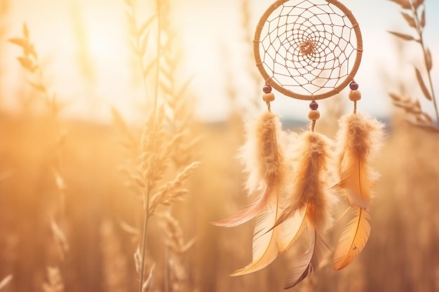 Primer plano de Dream Catcher en el fondo del prado con un suave tono vintage