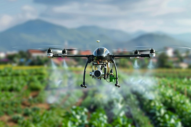 Primer plano de un dron de inyección volando entre los huertos