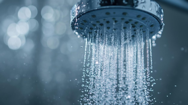 Un primer plano de la ducha con agua limpia que salen gotas y salpicaduras