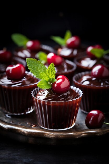 Foto primer plano de dulces de chocolate con cereza en el fondo negro