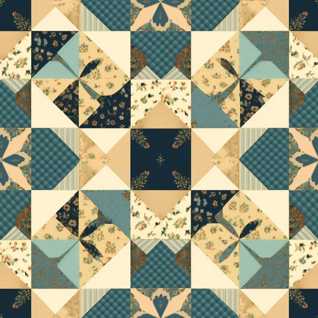 un primer plano de un edredón de patchwork con pájaros y flores generativo ai