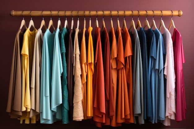 Foto primer plano de la elección del color del arco iris de la ropa femenina de moda en colgadores en el armario de la tienda