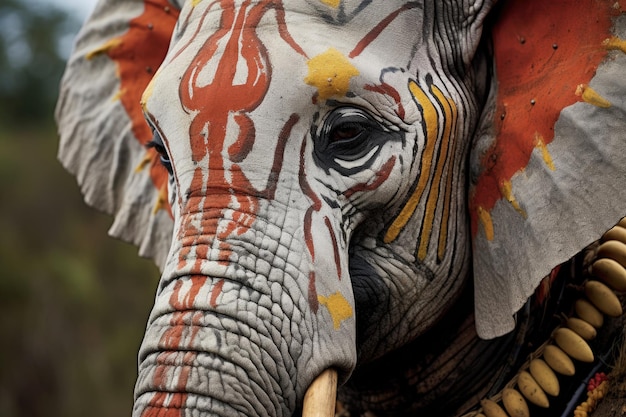 Foto primer plano de un elefante de guerra con la cara y los colmillos pintados