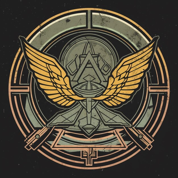 un primer plano de un emblema circular con un diseño alado ai generativo