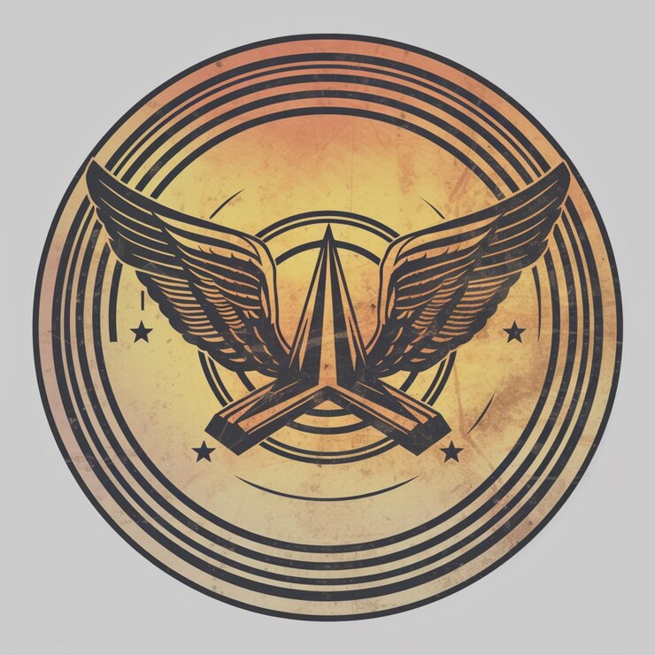 Foto un primer plano de un emblema circular con una estrella y un emblema alado ai generativo