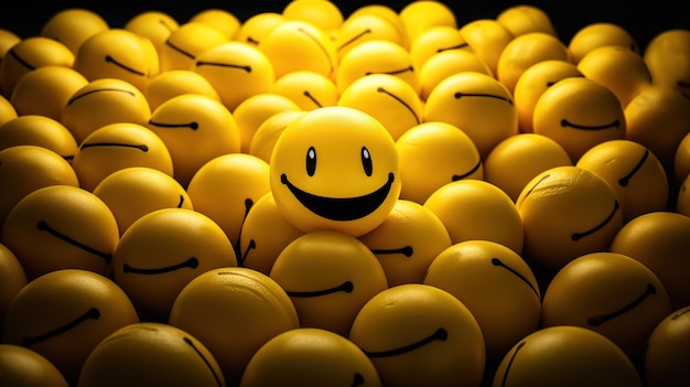 Un primer plano de emoji amarillos alegres colocados entre otros emoji que simbolizan positividad y alegría