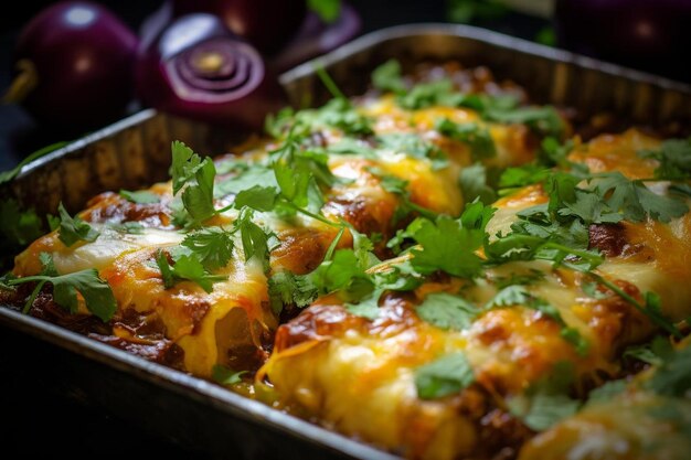 Un primer plano de las enchiladas siendo adornadas