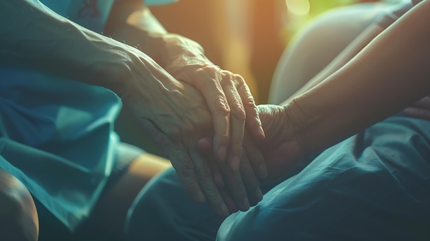 En primer plano, una enfermera cuidadosa sosteniendo la mano de un paciente maduro sonriente en una reunión en el hospital.