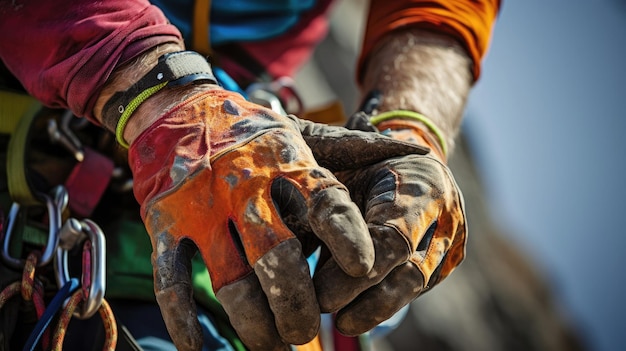 Un primer plano de enfoque intenso de las manos del montañero agarrando una roca escarpada con guantes de escalada de colores