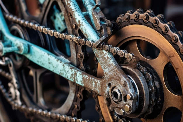 Foto primer plano de engranajes y cadenas en una bicicleta parcialmente ensamblada creada con ia generativa